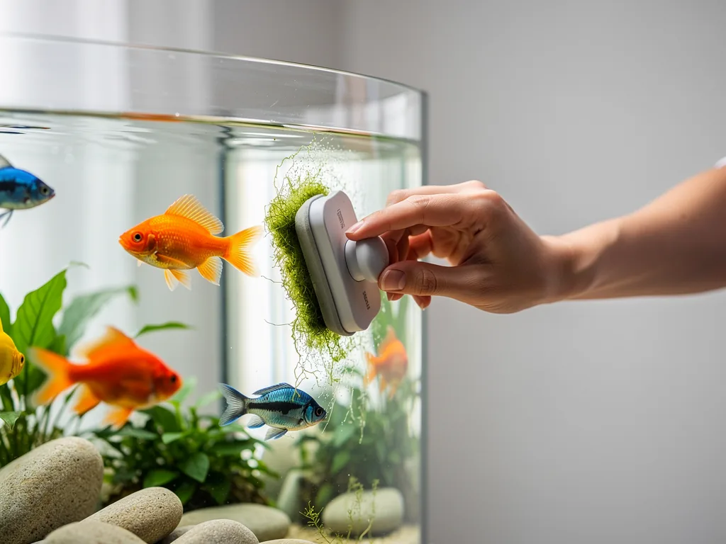 Aquarienreinigung: Effiziente Methoden für klares Wasser Aquarist reinigt Aquarium mit Bürste für klare Scheiben und gesundes Wasser