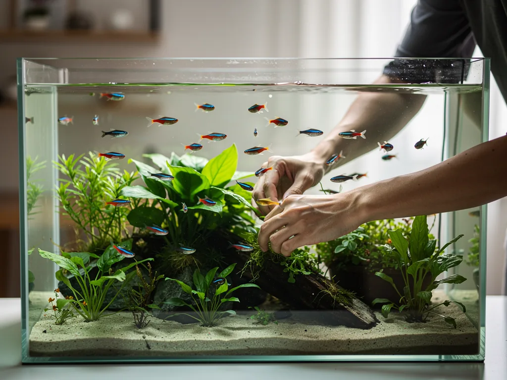 Aquaristik Definition: Haltung und Pflege erklärt Aquarien mit verschiedenen Fischen und Pflanzen in natürlicher Gestaltung