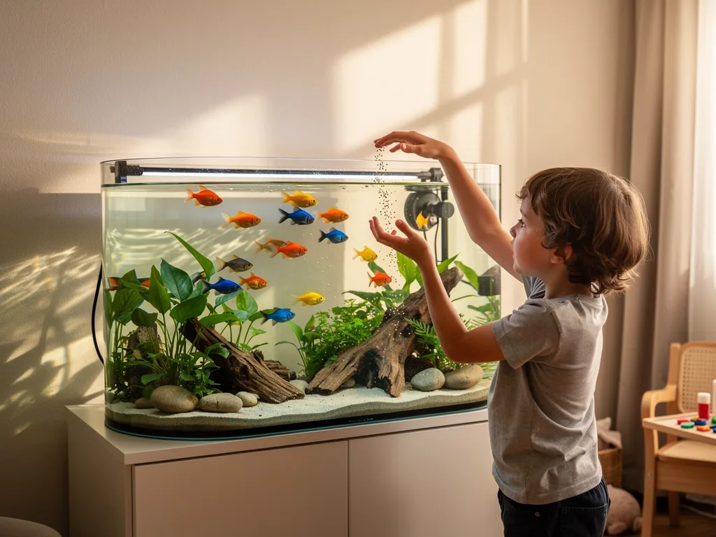 Aquarium für Kinder: Pädagogischer Nutzen und Auswahlkriterien Kind betrachtet fasziniert farbenfrohe Fische in kindgerecht eingerichtetem Aquarium