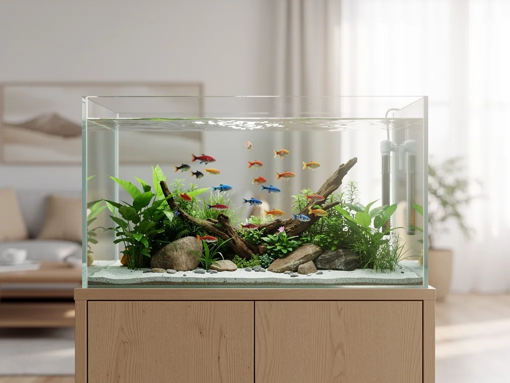 Aquaristik ohne Heizstab Süßwasseraquarium ohne Heizstab mit temperaturangepassten Fischen und natürlicher Einrichtung