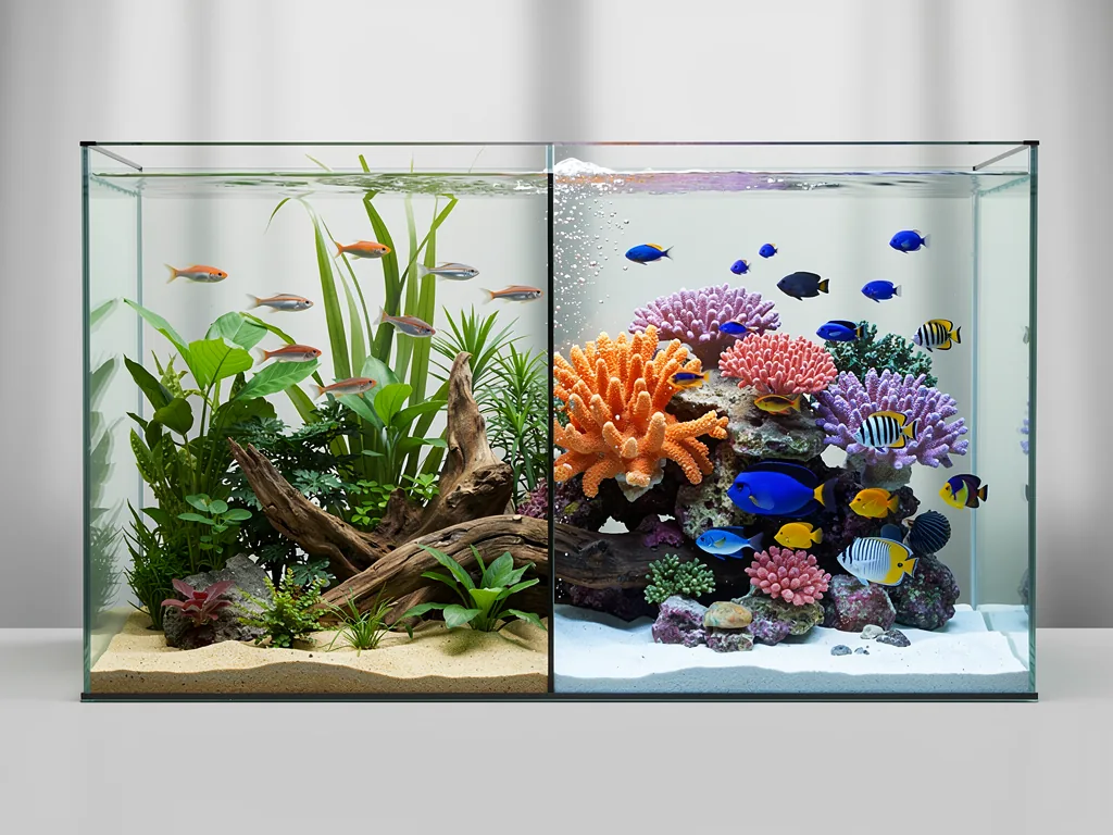Süßwasser vs. Salzwasser-Aquarium: Unterschiede erklärt Vergleich Süßwasser- und Salzwasser Aquarium mit Fischen und Technik im Hintergrund