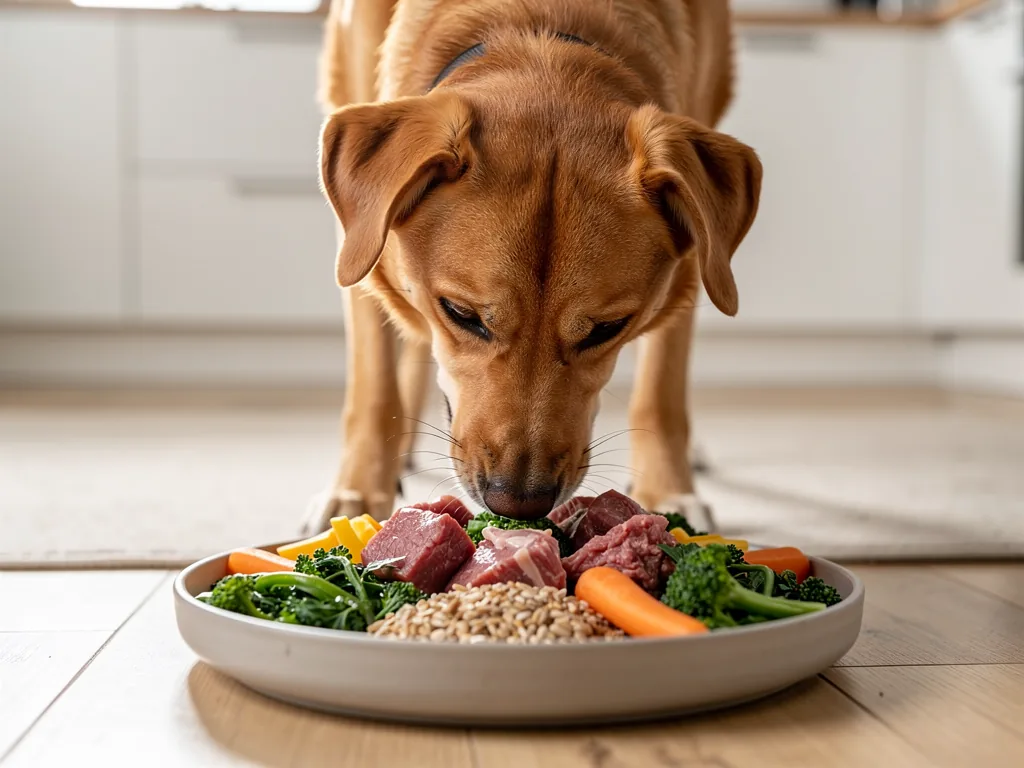 Bedeutung einer ausgewogenen Hundeernährung Gesunder Hund frisst ausgewogene Ernährung mit Proteinen Vitaminen und Mineralstoffen