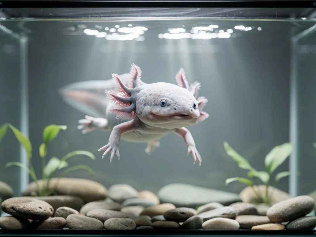 Axolotl im Aquarium: Spezielle Haltung und Pflege Axolotl im Aquarium mit kühlem Wasser und geeigneter Einrichtung zur Haltung und Pflege