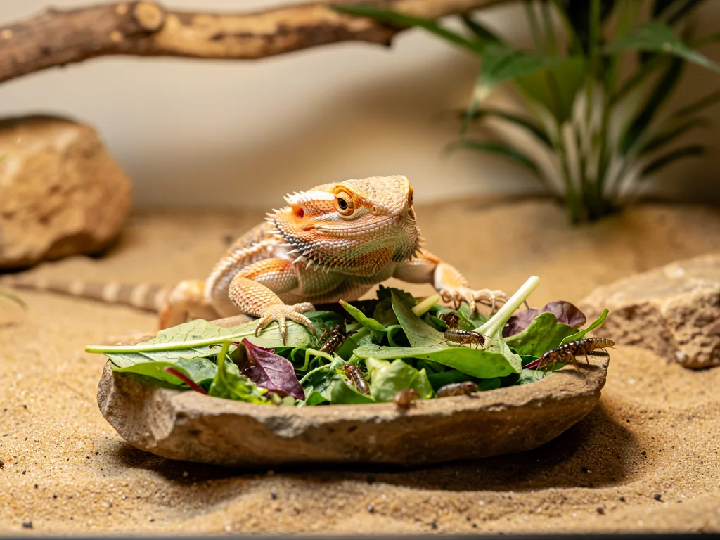 Fütterung von Bartagamen: Artgerechtes Futter und Frequenzen Bartagame im Terrarium frisst artgerechtes Futter mit Insekten und Pflanzen