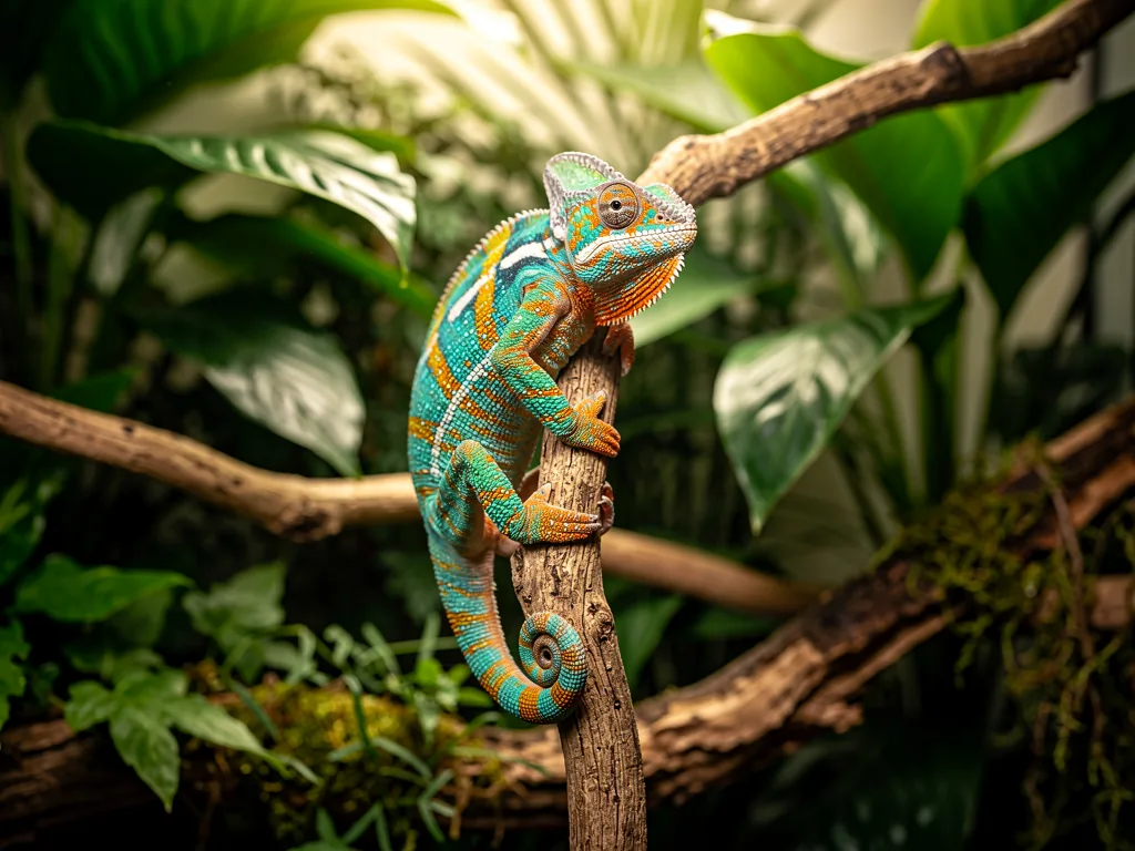 Chamäleons in der Terraristik: Besondere Ansprüche Chamäleon im detailreich eingerichteten Terrarium mit natürlichen Kletterstrukturen