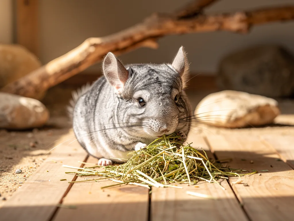 Chinchilla Ernährung: Artgerechte Fütterung Chinchilla frisst hochwertiges Heu als ballaststoffreiche Hauptnahrung für gesunde Ernährung