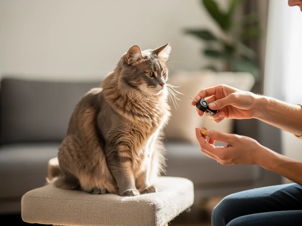 Clickertraining bei Katzen: Grundlagen und Praxisentwicklung Katze beim Clickertraining mit Halter zur Verhaltensförderung und positiver Verstärkung