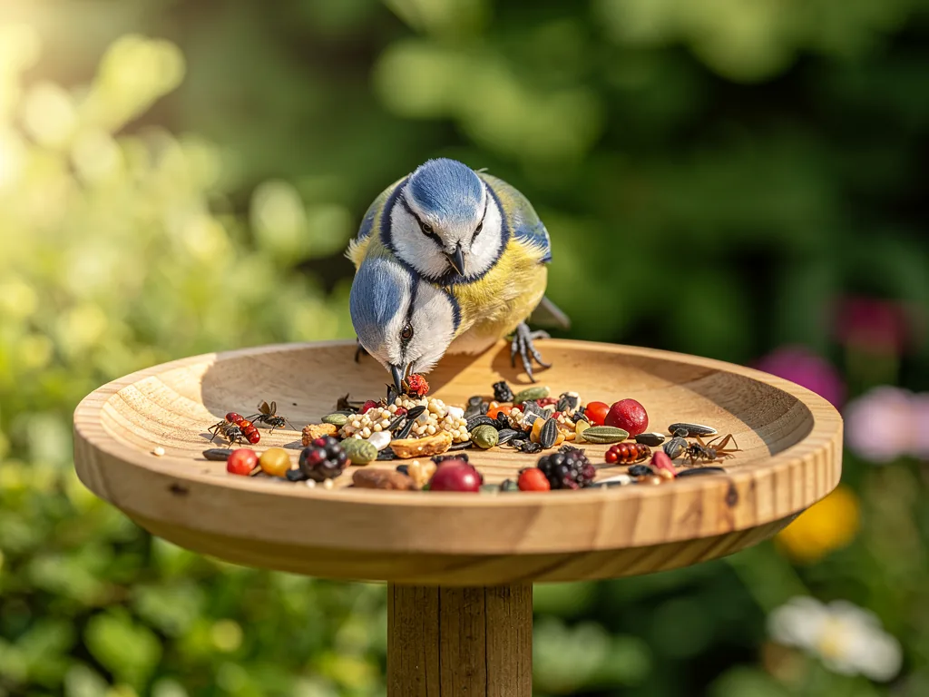 Wie Sie einheimische Gartenvögel artgerecht und gesund ernähren Verschiedene einheimische Gartenvögel fressen artgerecht ausgesuchtes Futter im Garten
