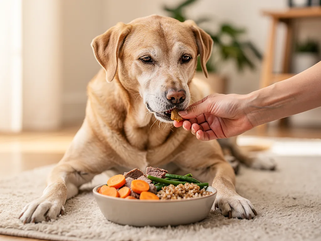 Der alte Hund ernähren Alter Hund frisst proteinreiches Futter zur Erhaltung der Muskelmasse