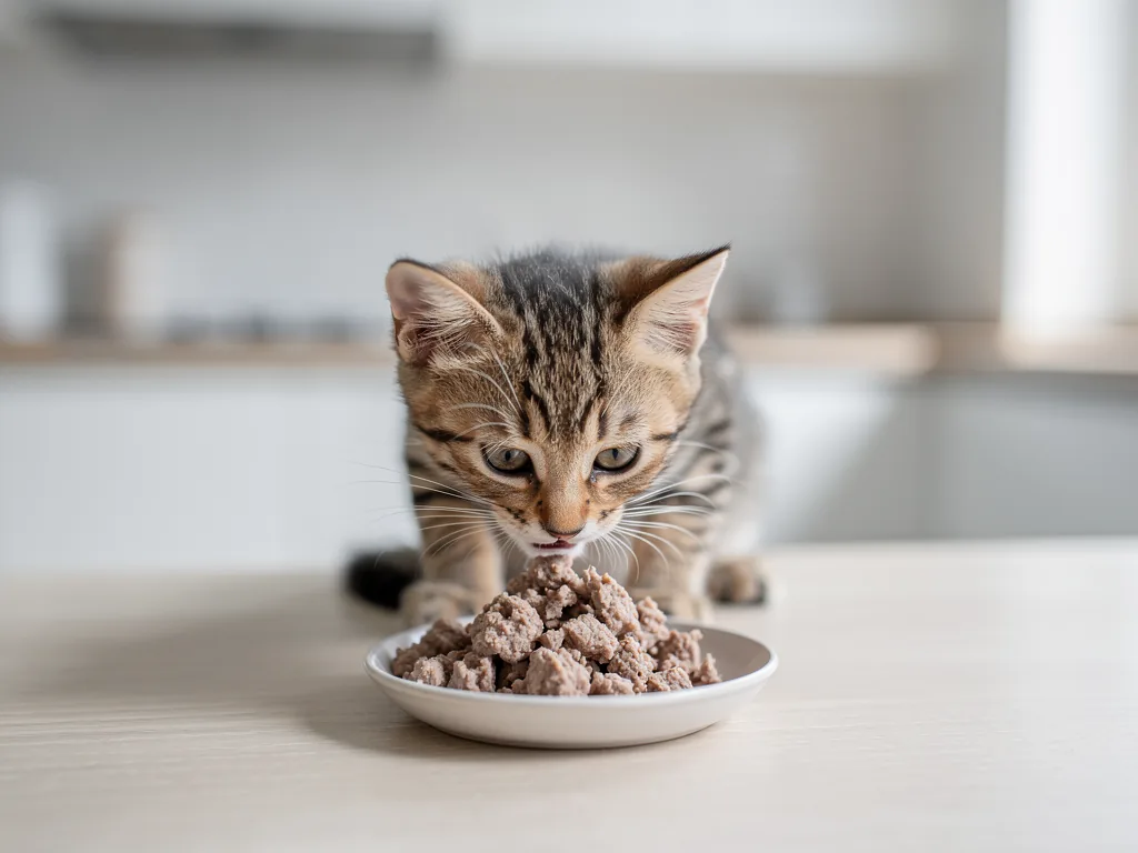 Gesunde Ernährung für Kitten verstehen und richtige Fütterung auswählen Kleines Kitten frisst ausgewogenes hochwertiges Futter für gesundes Wachstum