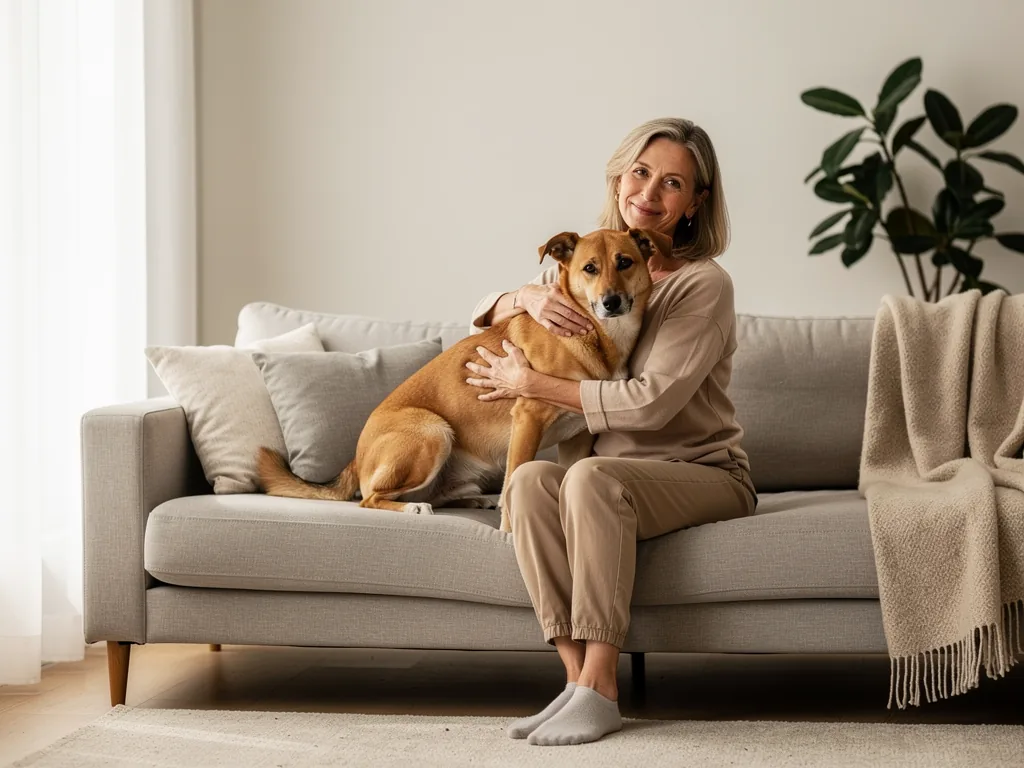 Einen erwachsenen Hund adoptieren: Was Sie wissen sollten Erwachsener Hund im Wohnzimmer beim entspannten Zusammenleben mit neuer Familie