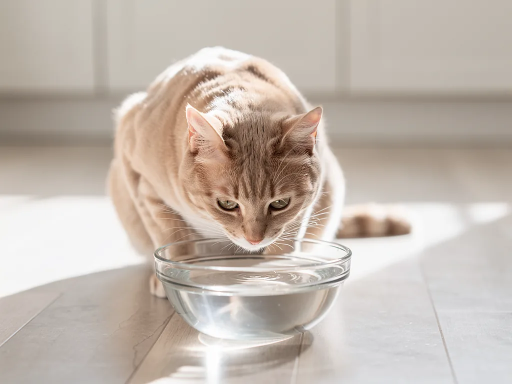 Flüssigkeitsaufnahme bei Katzen verstehen und erhöhen – wichtige Tipps für Katzenhalter Katze trinkt Wasser aus Napf zur Förderung der Flüssigkeitsaufnahme und Gesundheit