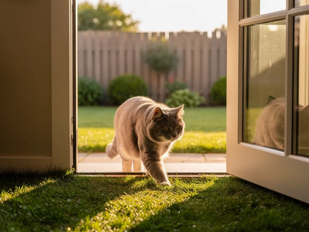 Freigänger Katze: Voraussetzungen dafür Gesunde Katze erkundet vorsichtig sicheren Garten als Freigänger Vorbereitung