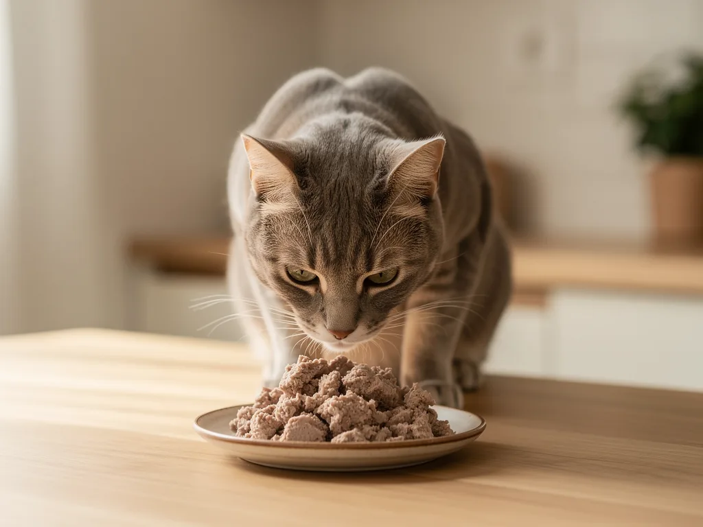 So finden Sie das beste Futter für wählerische Katzen mit Genussgarantie Wählerische Katze schnuppert am Futter im Napf mit weicher Textur