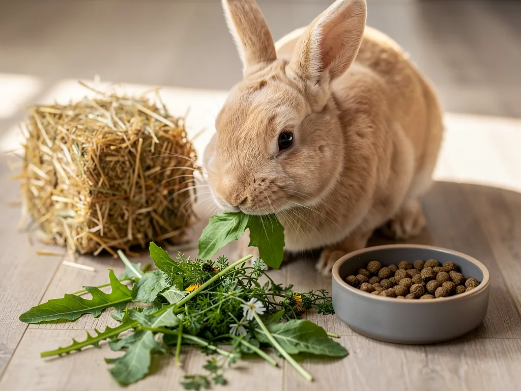 Futterbestandteile Kaninchen: Heu, Grünfutter und Pellets Ausgewogene Kaninchenernährung mit Heu Grünfutter und Pellets als Futterbestandteile