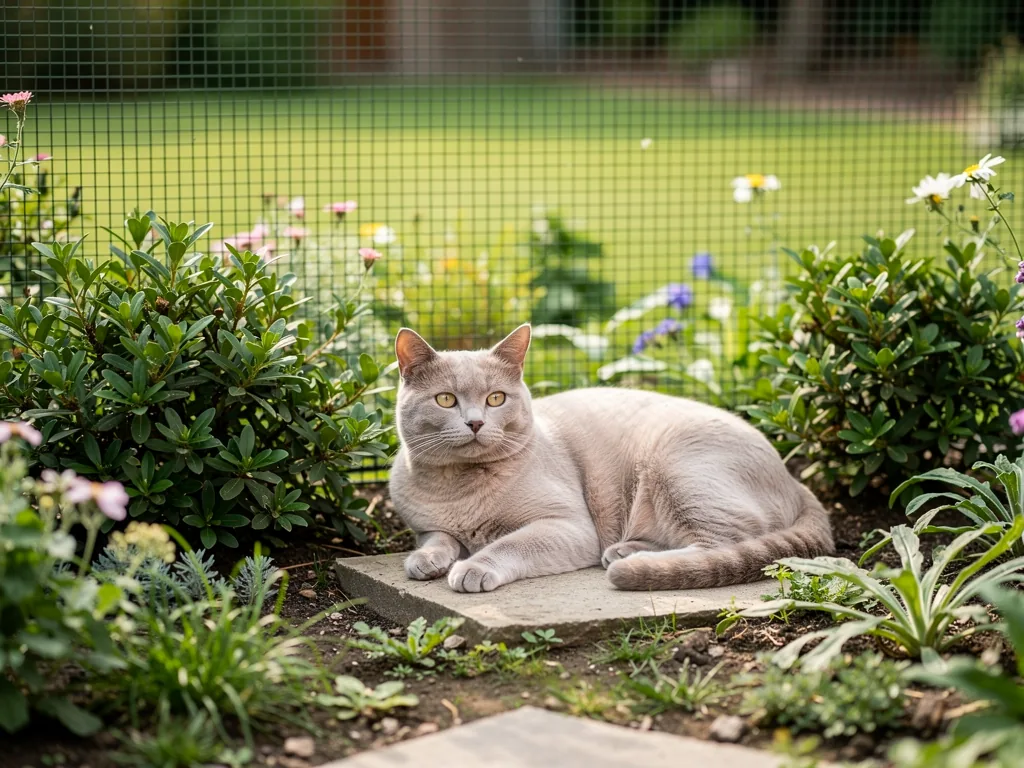 Sicherer Garten für Katzen Katze entspannt im sicheren Garten mit schattigen Plätzen und katzensicheren Zäunen