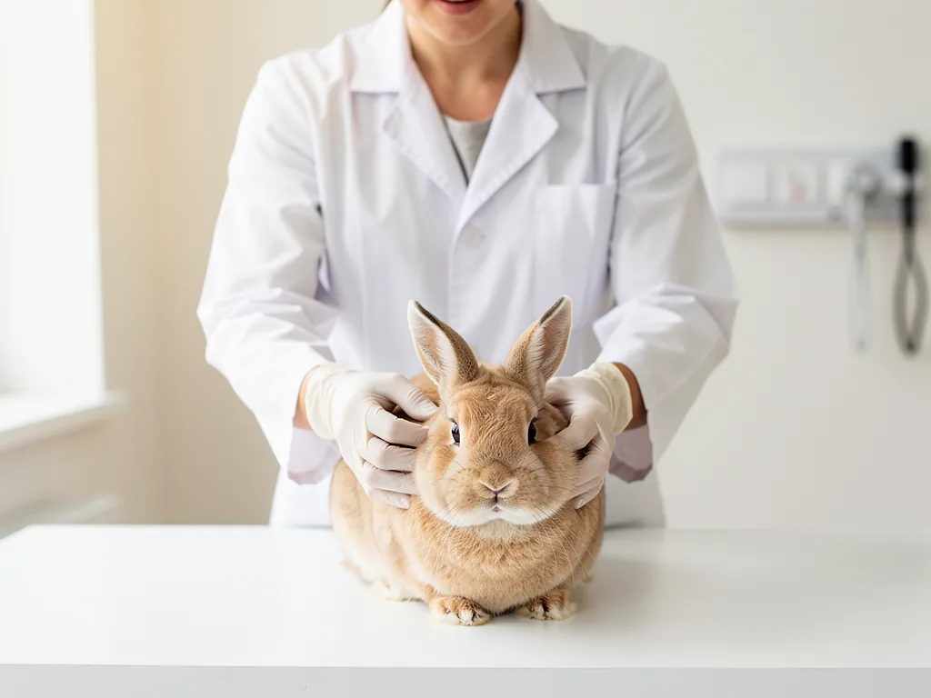 Gesundheitsversorgung für Kaninchen Kaninchenbesitzer bei tierärztlicher Untersuchung zur Gesundheitsversorgung im Stall