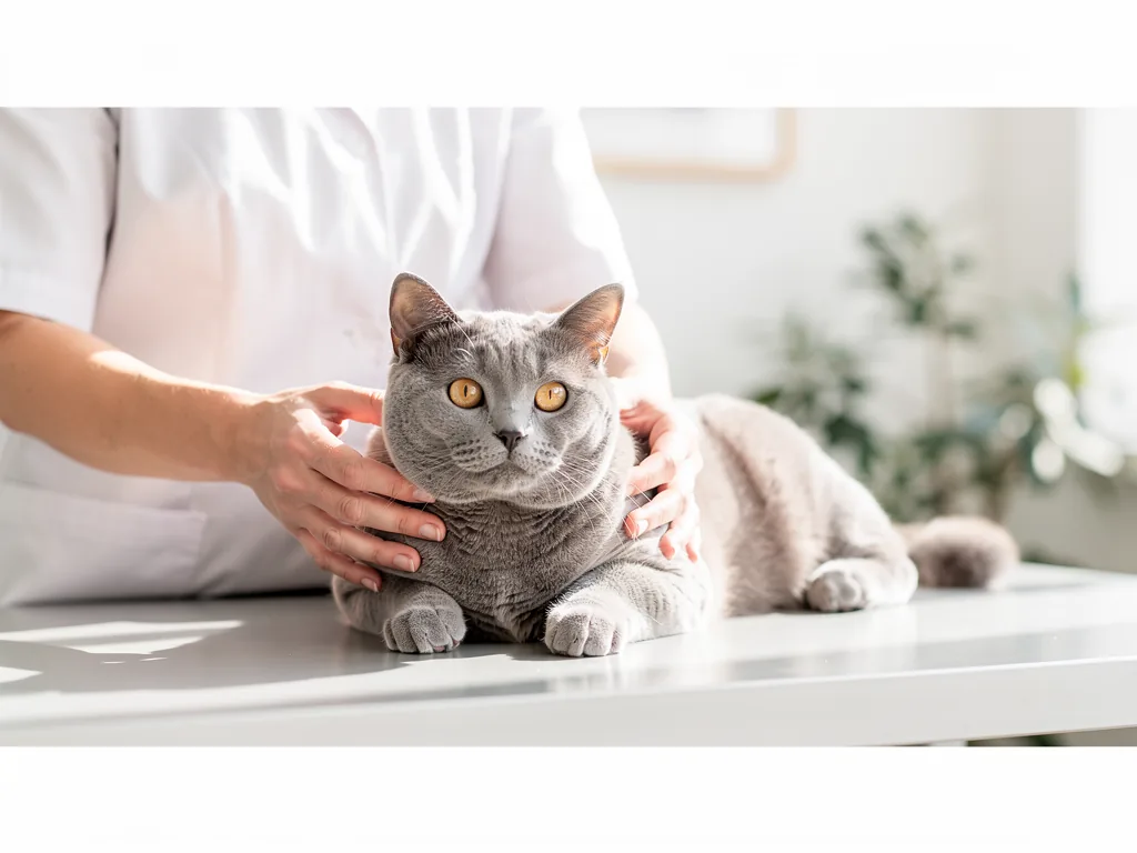 Gesundheitsvorsorge Katze: Impfungen, Parasitenschutz und Co. Gesunde Katze bei Tierarzt mit Spritze und Parasitenbürste im Vorsorgecheck