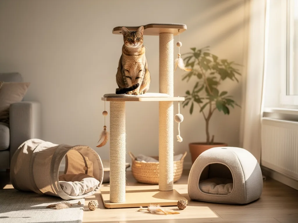 Die Grundlagen einer artgerechten Katzenhaltung Gemütlicher Katzenplatz mit Kratzbaum zur artgerechten Haltung Katze