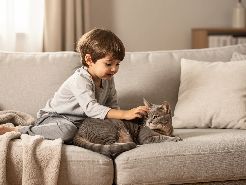 Katze und Kinder: Passt das? Katze → Anschaffung Kind spielt behutsam mit entspannter Katze für Harmonie im Haushalt