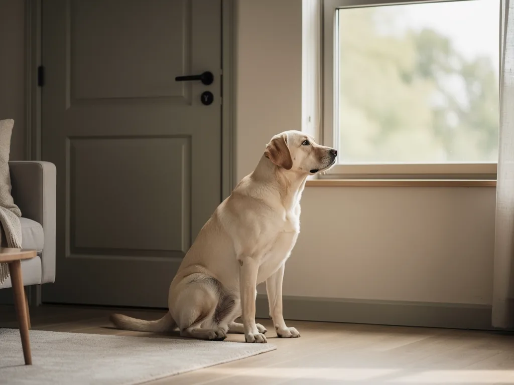 Alleinsein des Hundes: Angemessene Dauer und Beschäftigung Erwachsener Hund wartet entspannt mit Spielzeug auf Besitzer Zuhause
