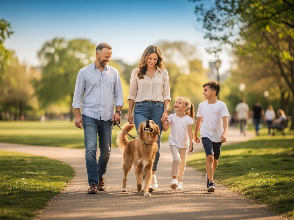 Der Einfluss eines Hundes auf das Familienleben – Anschaffung gut geplant Familie mit Hund beim gemeinsamen Spaziergang im Park