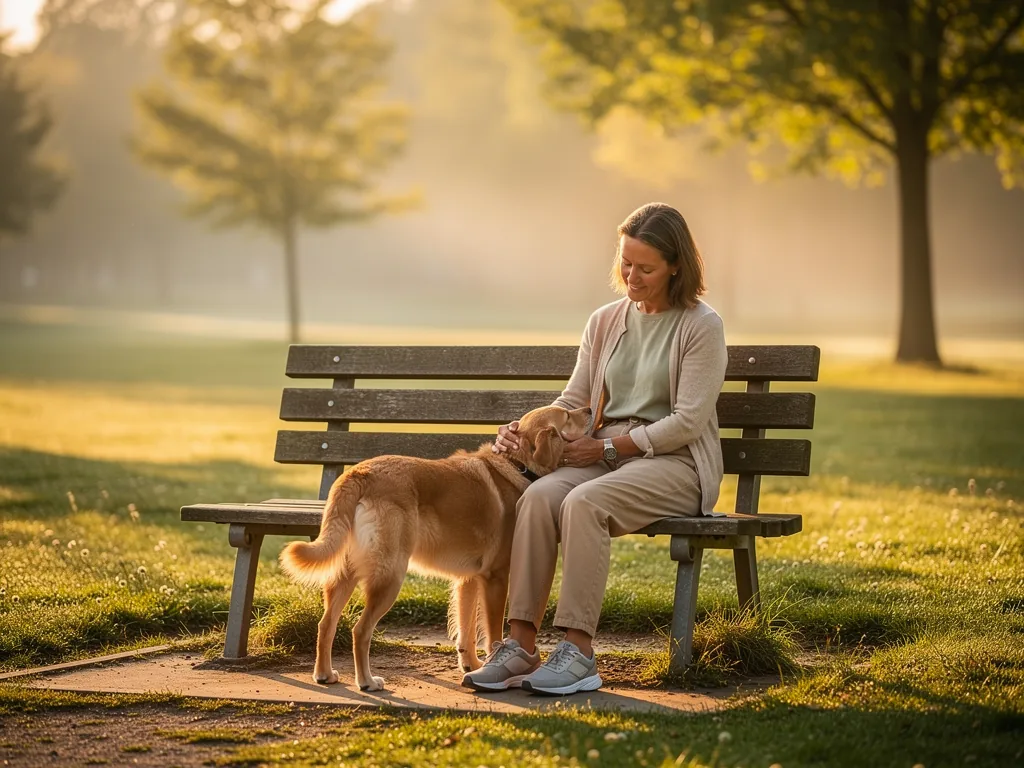 Mit Hund Anschaffung zu mehr innerer Ruhe und besserer Stressbewältigung Frau entspannt mit ihrem Hund im Park zur Stressbewältigung und inneren Ruhe