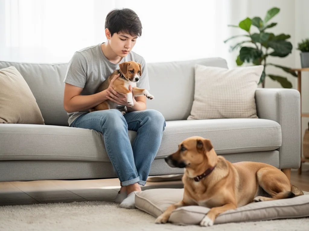 Hund anschaffen Welpe oder ausgewachsen Tipps für die richtige Entscheidung Junger Hundewelpe sitzt aufmerksam im Wohnzimmer neben ausgewachsenem Hund