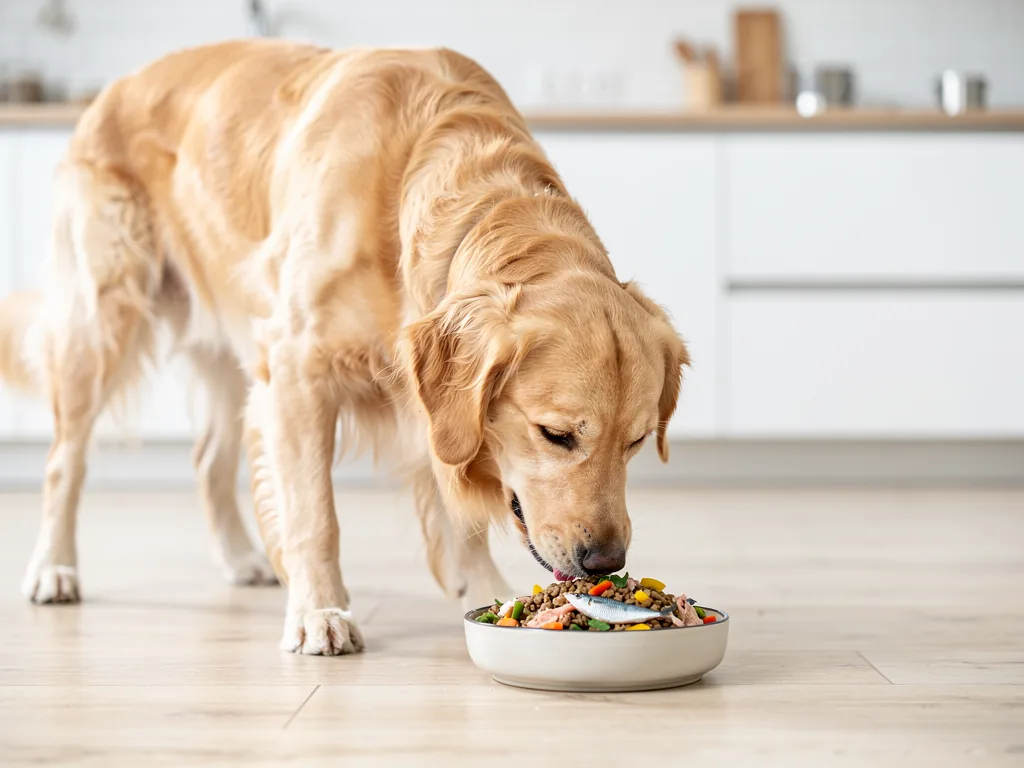Ernährung bei Arthrose beim Hund: Gelenkschonende Kost Hund frisst gelenkschonendes Futter mit Omega-3 gegen Arthrose Beschwerden