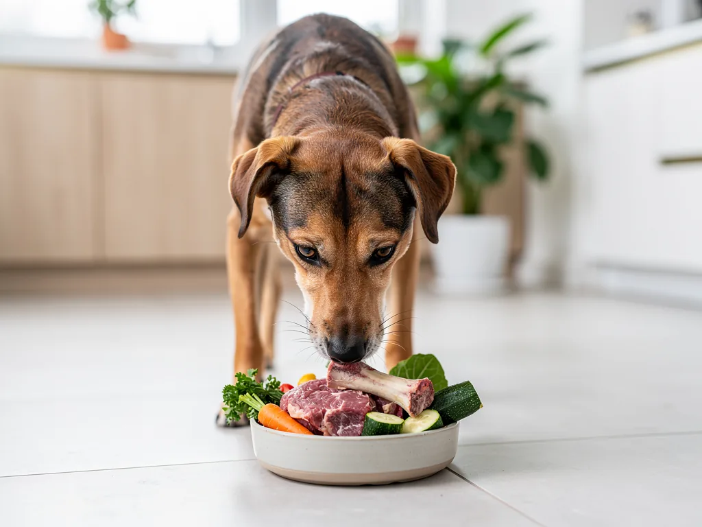 Barfen für Hunde: Grundlagen der Rohfütterung Hund erhält ausgewogene Rohfütterung aus Muskelfleisch Innereien und Gemüse