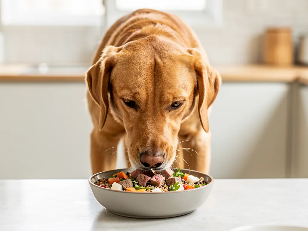 Hunde richtig füttern Gesunder Hund frisst ausgewogenes Futter mit Proteinen Fetten und Kohlenhydraten