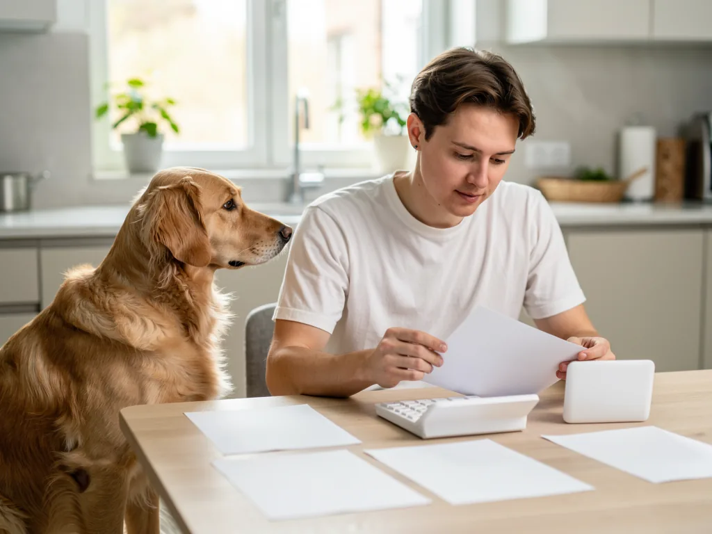 Hund finanzieren: Möglichkeiten und wichtige Aspekte im Überblick Junge Frau berechnet Hundekosten und Finanzierungsoptionen am Laptop zuhause