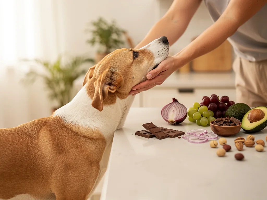 Welche Lebensmittel Hunde nicht fressen sollten Gefährliche Lebensmittel für Hunde wie Schokolade Zwiebeln und Weintrauben auf Holzbrett