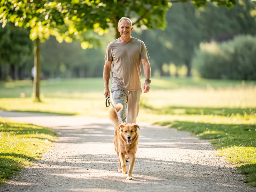 Der Einfluss von Hunden auf die menschliche Gesundheit Frau geht mit ihrem Hund und fördert Gesundheit und Wohlbefinden