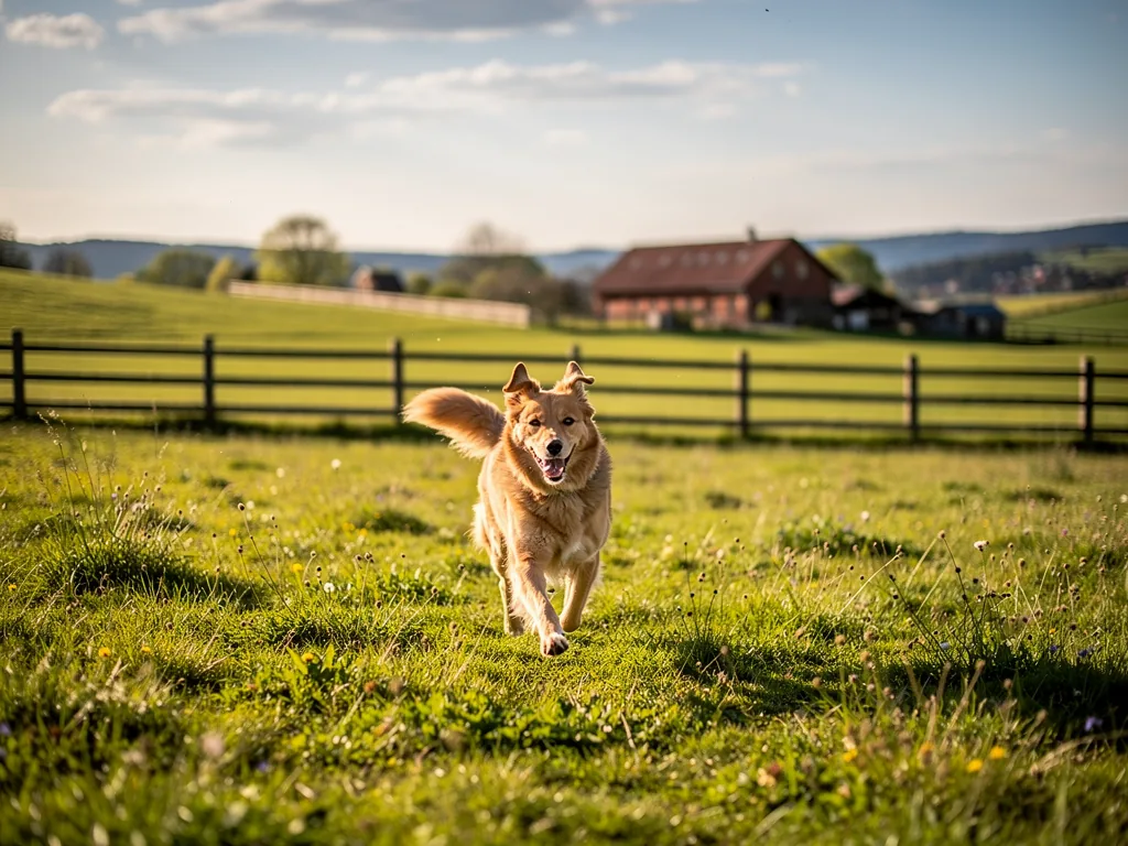 Hundehaltung auf dem Land: Leben mit viel Freiraum Hund läuft frei auf großem eingezäunten Grundstück in ländlicher Umgebung