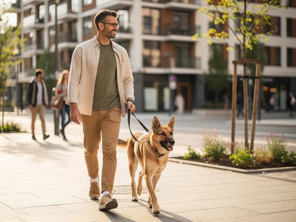 Urbane Hundehaltung: Besondere Aspekte für Stadtbewohner Stadtbewohner mit Hund beim Spaziergang in urbaner Grünanlage zur artgerechten Haltung