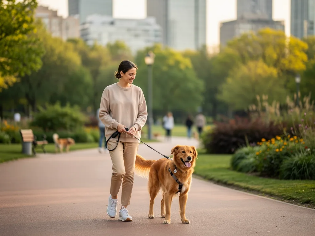 Hundehaltung in der Stadt: Tipps für ein erfülltes Leben Hund mit Halter spaziert durch belebte Stadtstraße auf grünem Weg