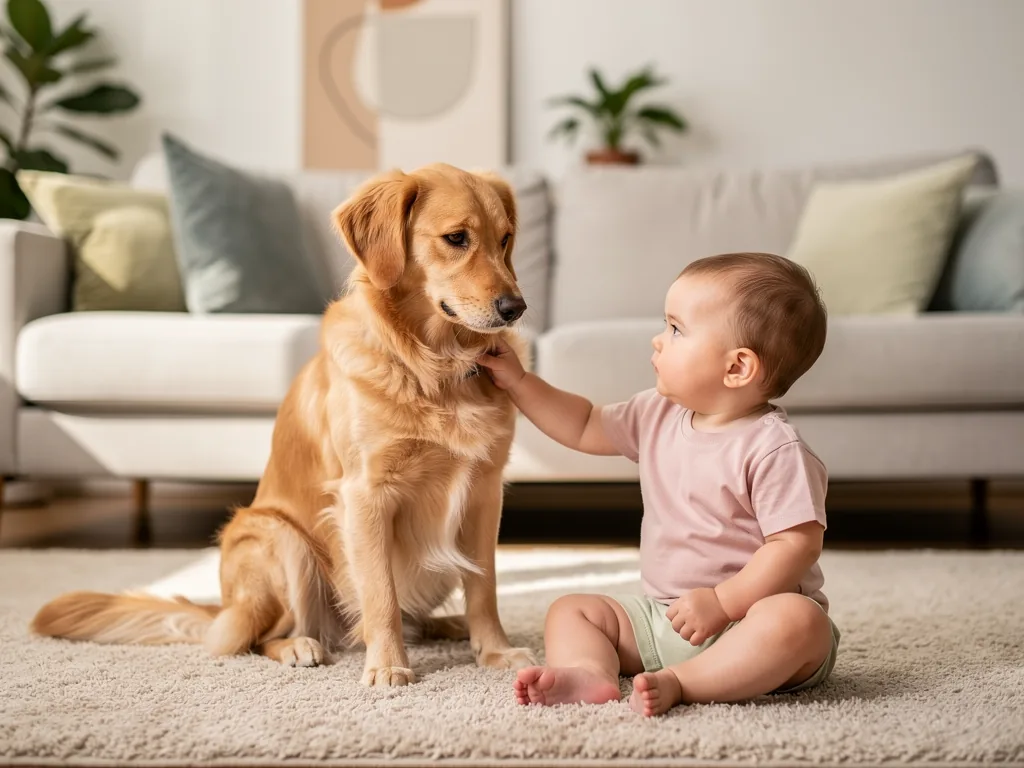 Hundeanschaffung mit Kind: Familienleben harmonisch gestalten Kind spielt vorsichtig mit Hund im Wohnzimmer einer harmonischen Familie