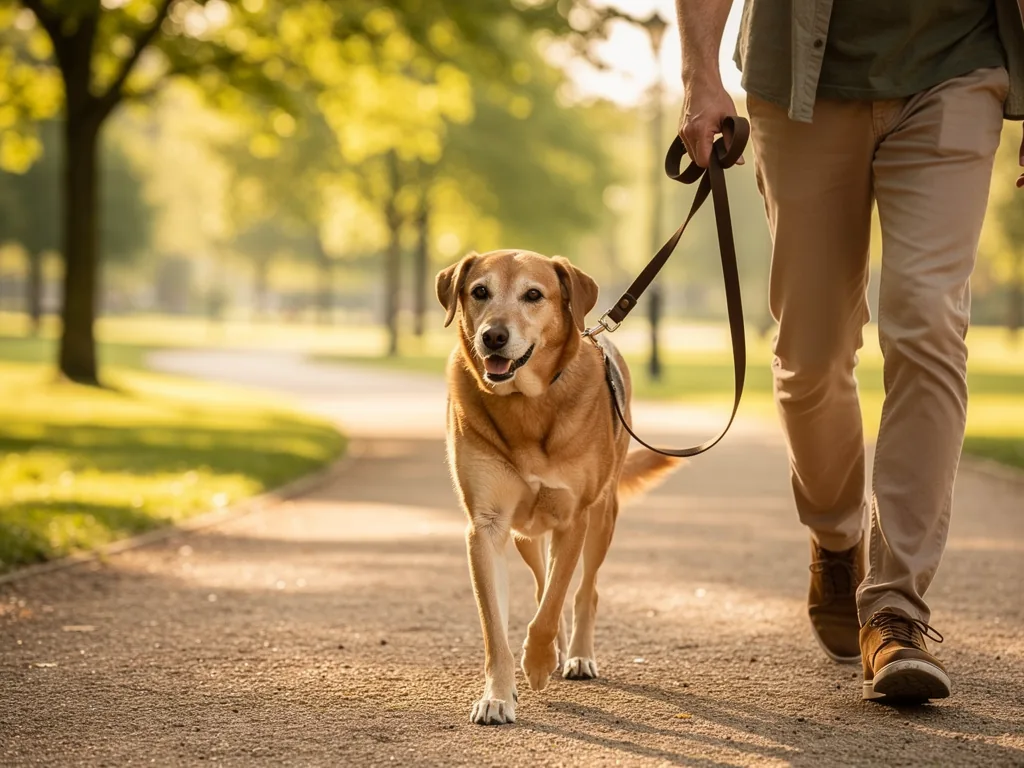 Leinenführigkeit: Grundlagen für entspannte Spaziergänge Hund entspannt beim Spaziergang mit lockerer Leine und aufmerksamer Führung