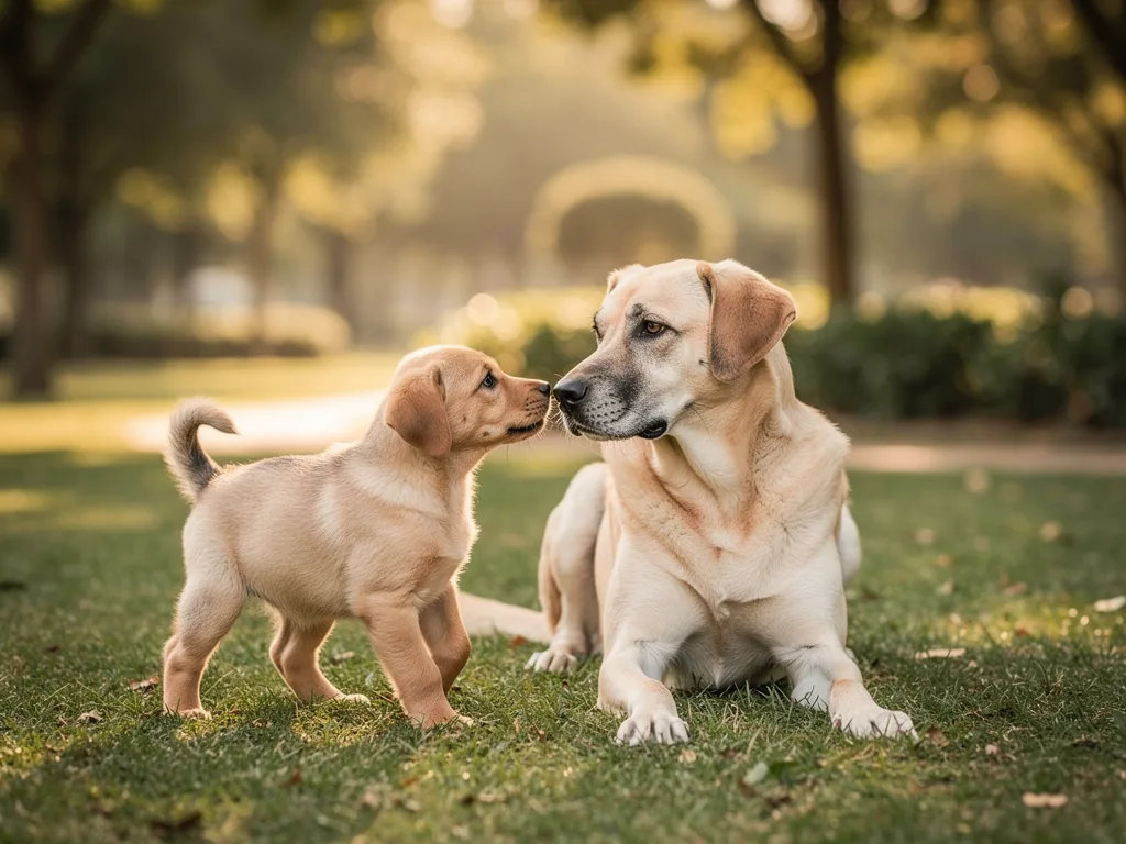 Sozialisierung des Hundes: Bedeutung und Ablauf Junger Welpe beim kontrollierten Kontakt mit anderen Hunden zur Sozialisierung