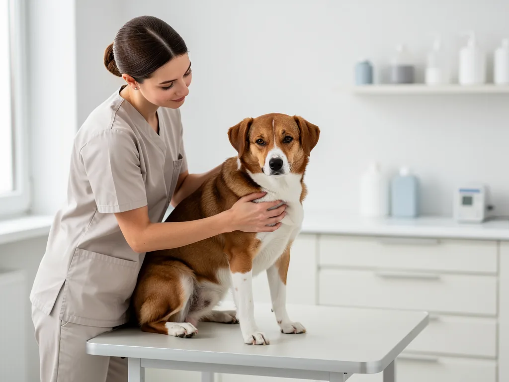 Der Tierarztbesuch: Fürsorge und Kontrolle für den Hund Hund beim Tierarzt für sorgfältige Gesundheits- und Fellkontrolle im Behandlungszimmer