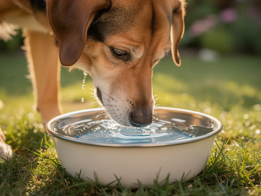 Hydration beim Hund: Bedeutung von Wasser und ausreichender Hund trinkt frisches Wasser aus Napf zur optimalen Hydration und Gesundheit