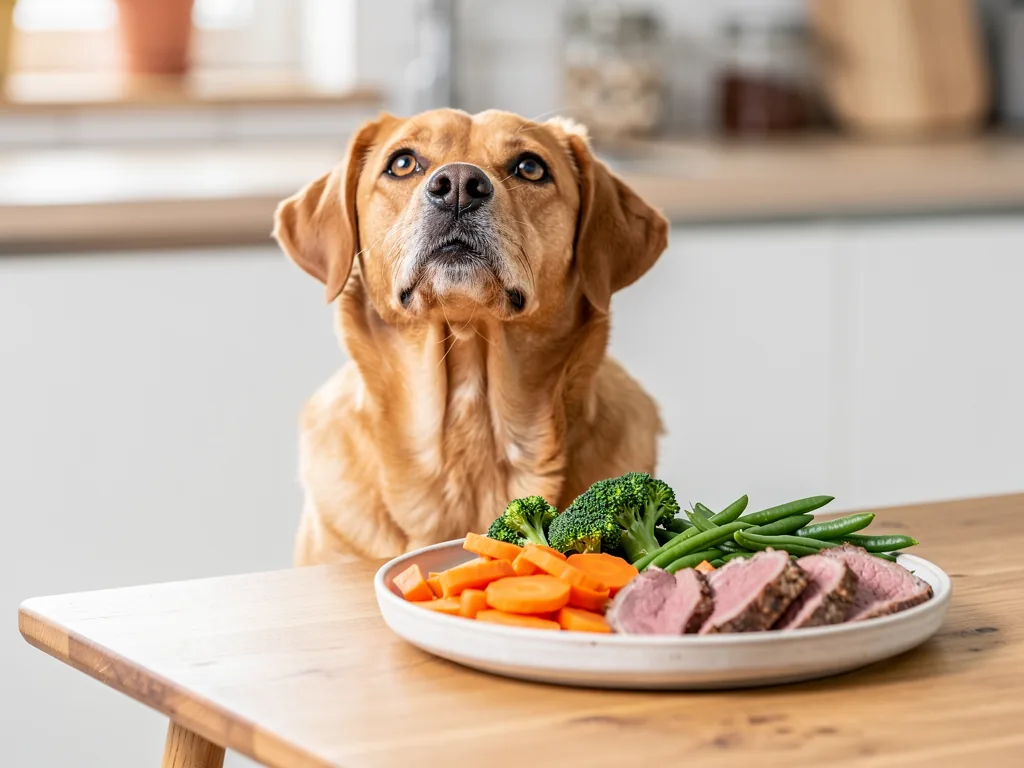 Ernährung des Hundes: Welche Lebensmittel sind geeignet? Hundehalter füttern ihren Hund mit geeignetem Gemüse und gekochtem Fleisch