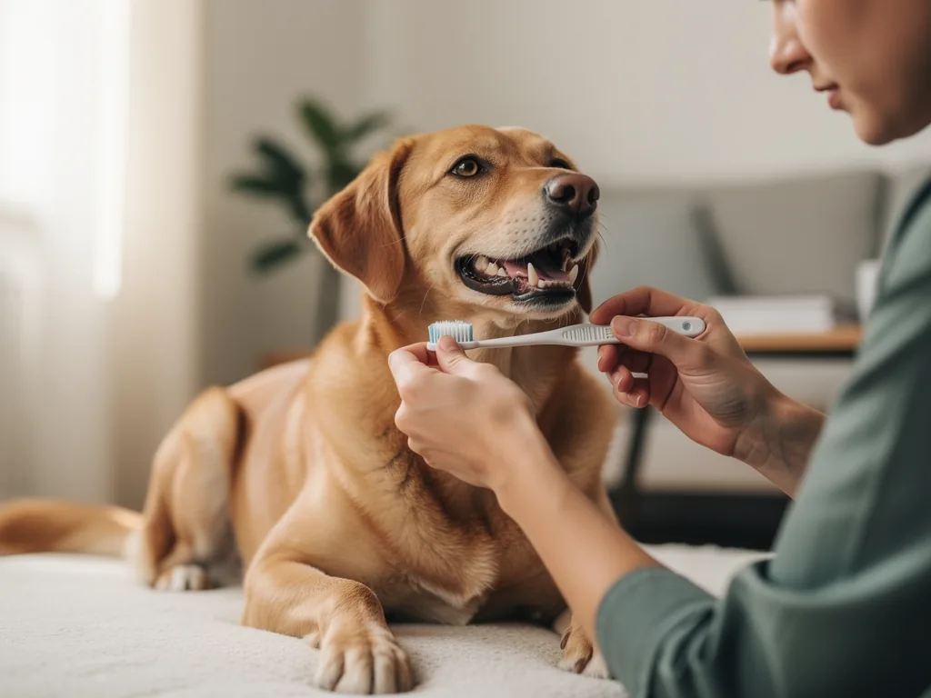 Zahnpflege beim Hund: So bleiben Zähne gesund Hund wird sanft mit Zahnbürste für gesunde Zähne gepflegt