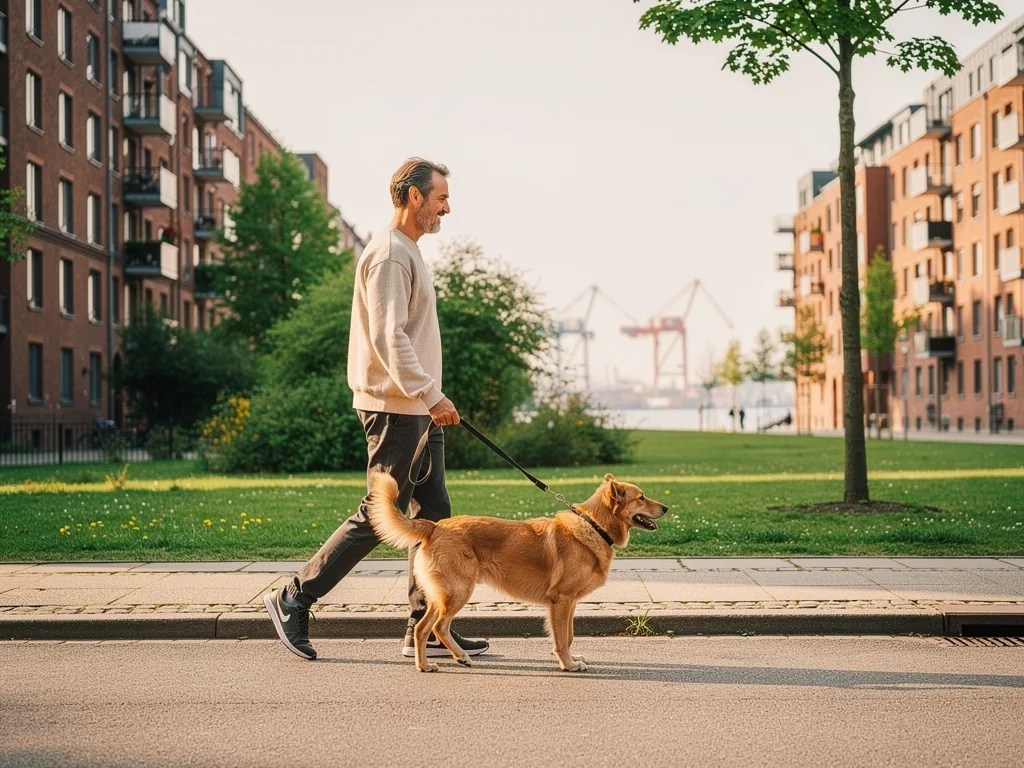 Hundeanschaffung in Hamburg: Lokale Besonderheiten Hundebesitzerin mit Labrador in Hamburger Park vor Stadtkulisse