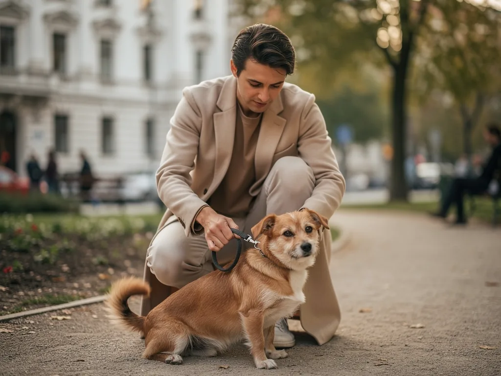 Hundeanschaffung in Wien: Lokale Besonderheiten Hundebesitzer mit Hund in Wien beim Spaziergang auf öffentlicher Straße mit Leine und Maulkorbpflicht