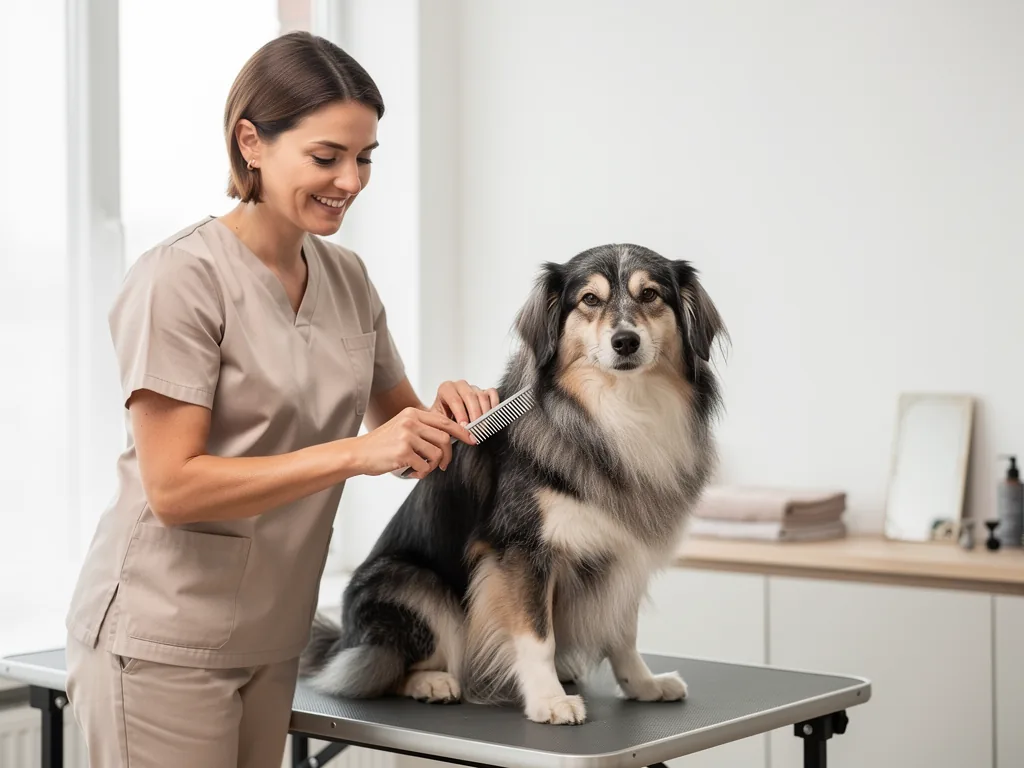 Hundefriseur Besuch Ablauf Hundefriseur beim Pflegen und Schneiden eines langhaarigen Hundes im Salon