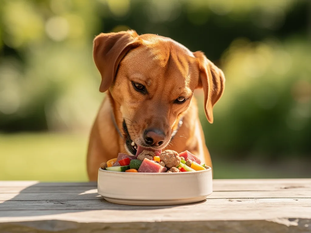 Wie artgerechtes Hundefutter die Gesundheit und Vitalität fördert Gesunder Hund frisst hochwertiges artgerechtes Hundefutter für Vitalität und Wohlbefinden