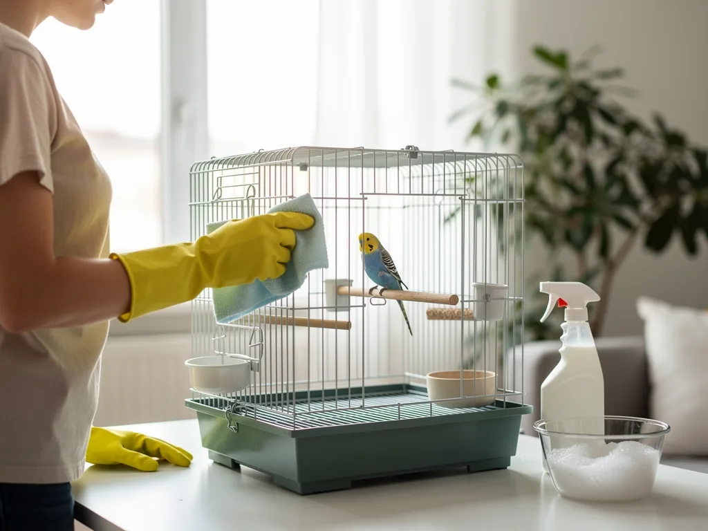 Reinigung von Käfig und Voliere: Regelmäßigkeit Vogelkäfig mit sauberem Boden und Sitzstangen zur regelmäßigen Pflege