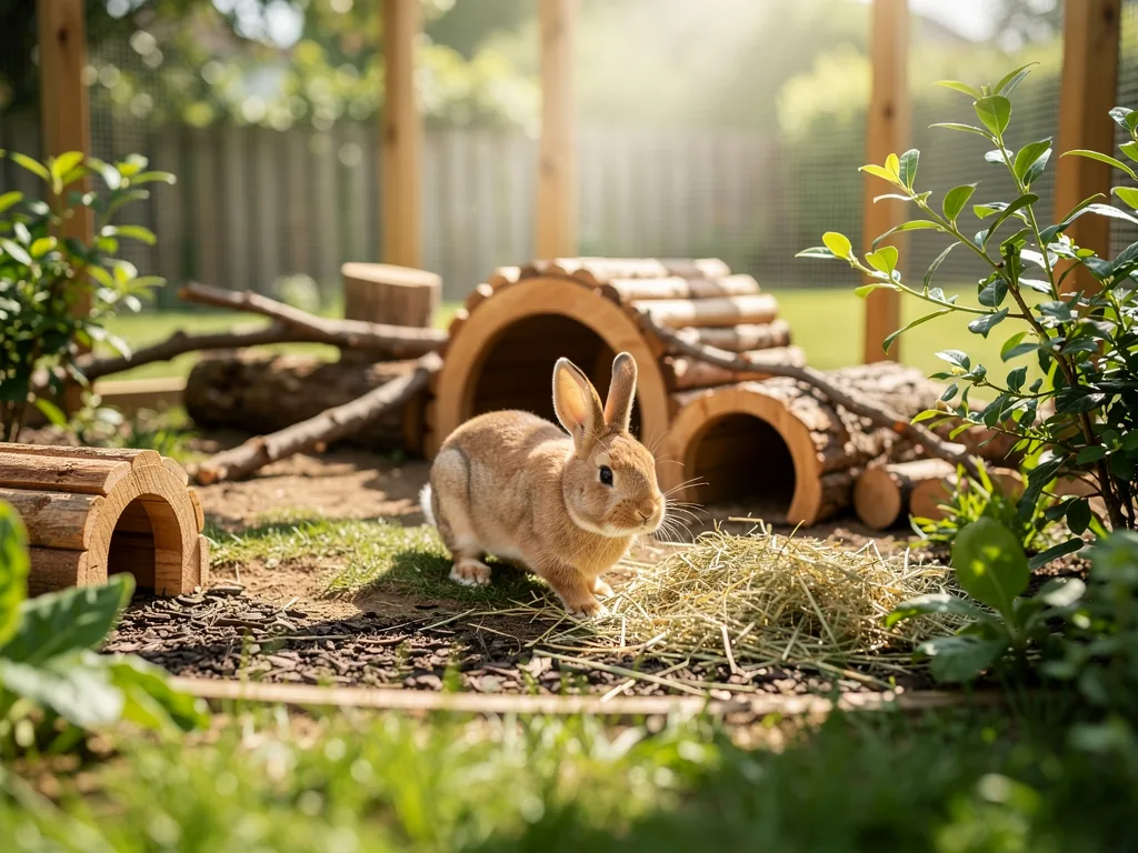 Kaninchen im Gehege: Artgerechte Gestaltung Kaninchen im artgerecht gestalteten Gehege mit natürlichen Verstecken und sicherem Zaun
